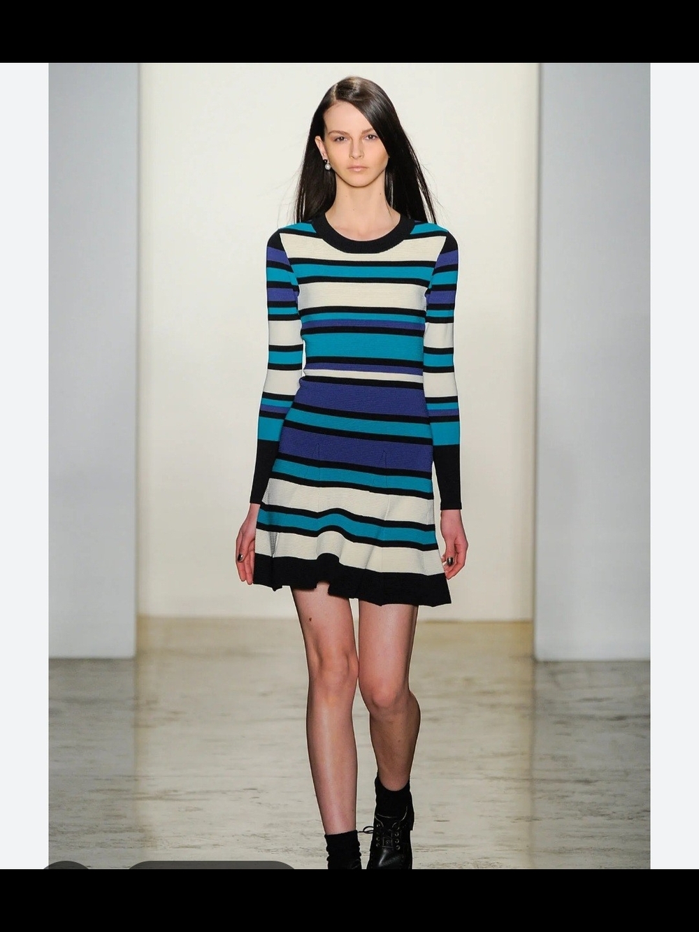 Timo Weiland Blue, Teal & Cream Striped Long-Sleeve Fit-and-Flare Dress